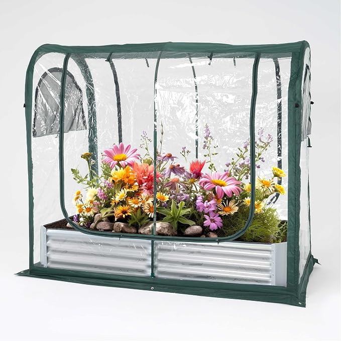 PORAYHUT All-in-One Raised Garden Bed and Greenhouse Kit,Metal Outdoor Planter Box with Pop up Tunnel Greenhouse Cover ,Vegetables, Flowers for Cold Frost Protector (72.4X 36.6 inch)
