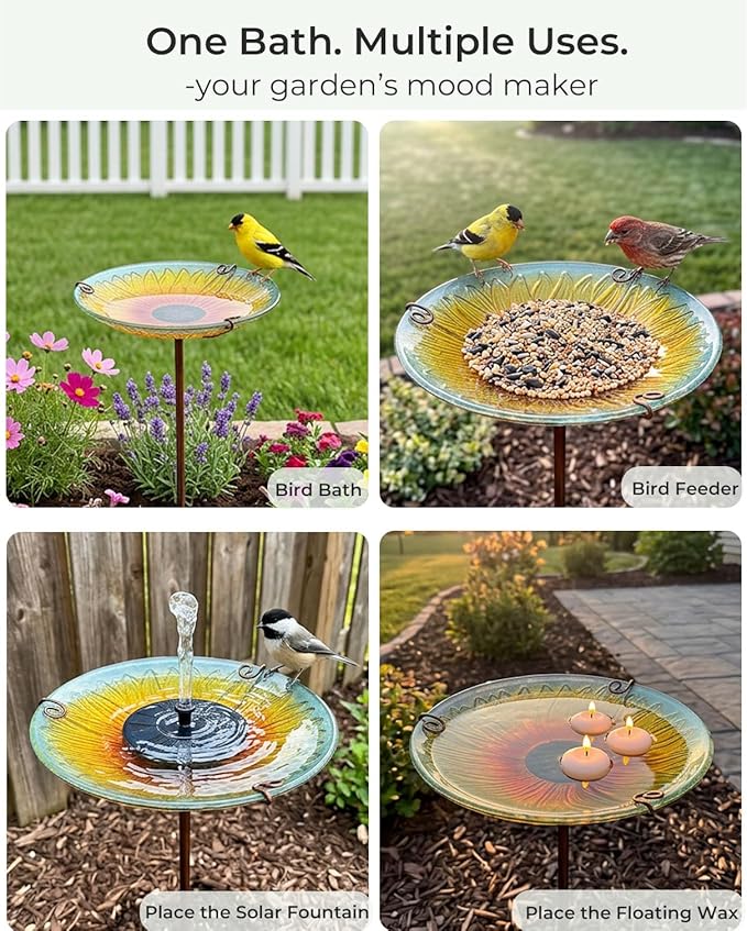 10.5" D Glass Bird Bath with Stake – Shallow Bird Bath for Outside Garden Backyard – Decorative Birdbath & Feeder for Patio Lawn – Hand-Painted Glass Water Dish, Sunflower