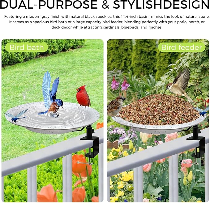 Deck Mounted Bird Bath and Feeder,11.5 Inch Large Gray Speckled Bowl,Heavy Duty Clamp On Deck Railing,Detachable Weather Resistant Balcony Bird Waterer for Outdoor Wild Birds