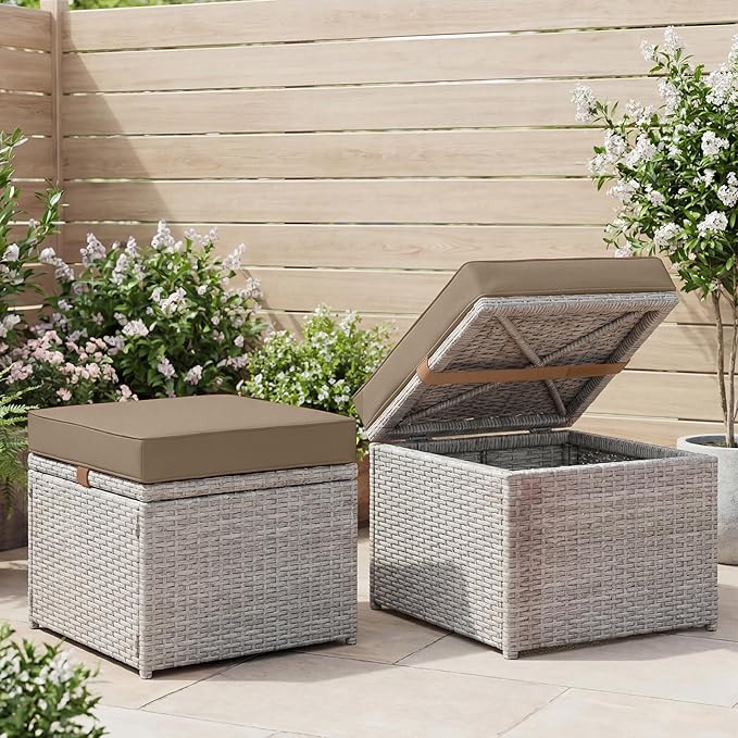 DoubleFill 1 Pcs Outdoor Ottoman Cushion 23"x19"x3" Waterproof Fade Resistant Outdoor Footstools Cushion Removable Patio Ottoman Cushions with Adjustable Fixing Strap for Stool (Light Brown)