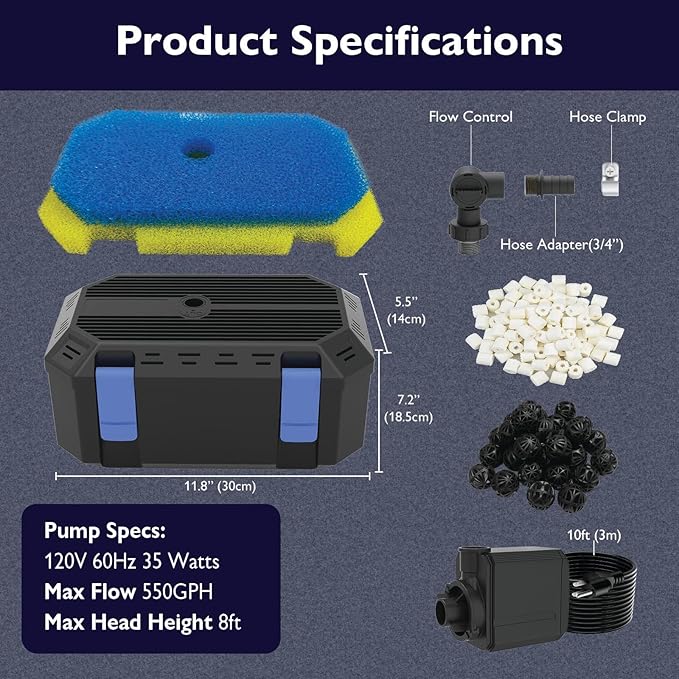 550GPH Pond Filter Pump with 4-Stage Filtration, Fish Pond Filter for Outdoor Ponds 350-500 Gal, Pond Pump Filter Box for Garden, Waterfall, Fountain, Water Feature