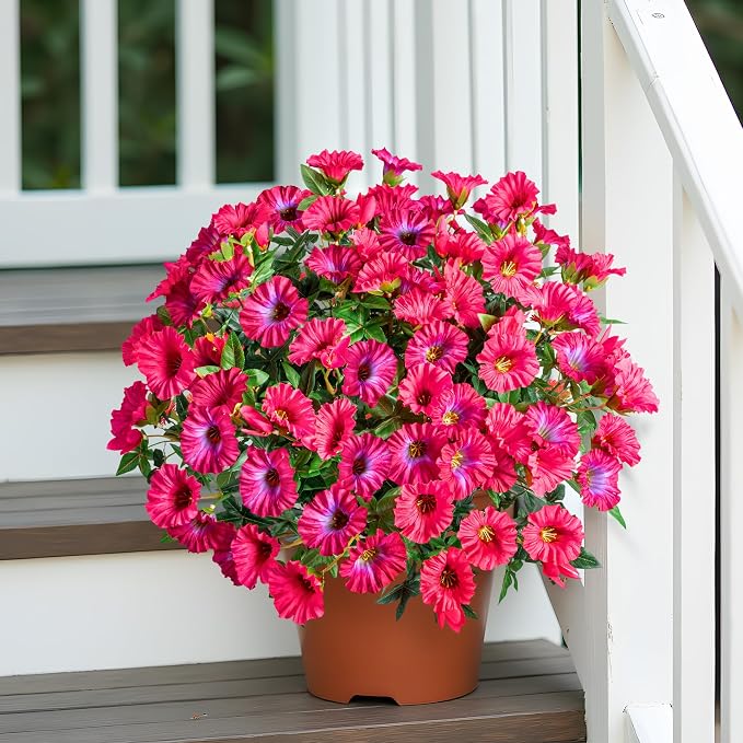 Rose Red Artificial Morning Glory Flowers for Outdoor Planters, Premium UV Resistant Silk Faux Flowers for Porch, Hanging Basket & Window Box, Summer Garden Decor, No Pot, 13.3 Inch, 8 Bundles