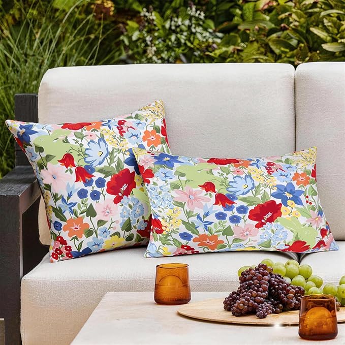 Adabana Spring Outdoor Waterproof Floral Pillow Covers Set of 2 Square Colorful Couch Cushion Cases 20x12 Inch Waterproof Decorative Pillows for Patio Garden Beach,Colorful