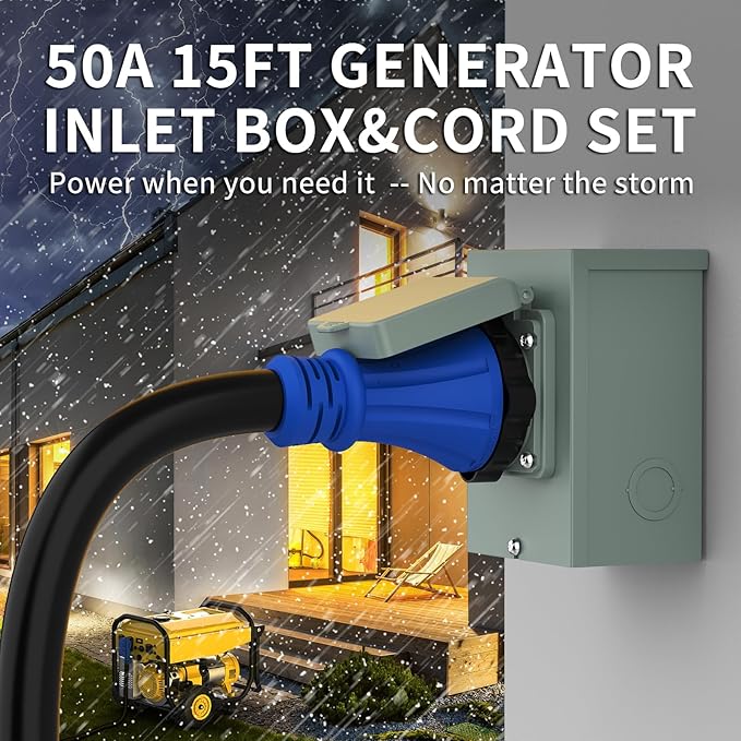 BEBOBLY 50 Amp Power Inlet Box and 15FT Generator Cord, 125V/250V Emergency Power Combo Kit, NEMA 3R Generator Plug, NEMA14-50P/SS2-50R RV Power Extension Cord, Twist Lock, Grip Handle