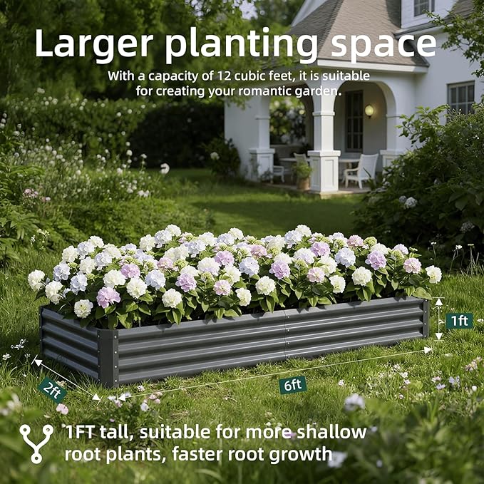 2PCS 6x2x1 FT Rectangle Metal Raised Garden Bed Kit, Elevated Garden Planter Box Outdoor, Large Planters for Outdoor Plants, Flower, Vegetables, Fruit, Herbs (Dark Gray)