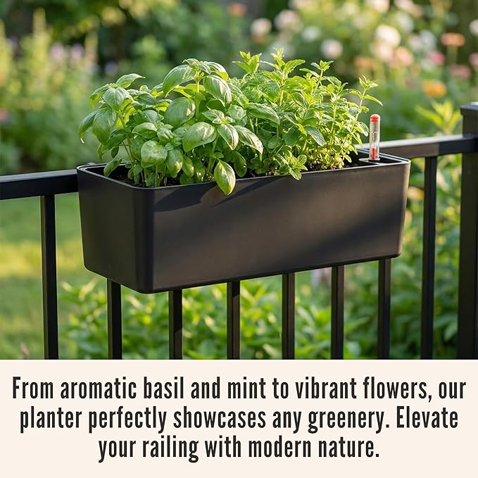 LaLaGreen Railing Planter Boxes (16 Inch, 4 Pack) Black Rectangular Plastic Window Box Planters with Self-Watering System Metal Brackets, Outdoor Plants Herbs Flowers Deck Balcony Fence Garden Decor