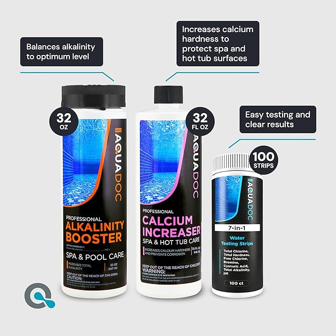 AquaDoc Hot Tub Water Balance Kit with pH Increaser, pH Decreaser, Alkalinity & Calcium Increaser, 100 Test Strips - Hot Tub Chemicals Starter Kit Compatible with Chlorine & Bromine - Made in USA