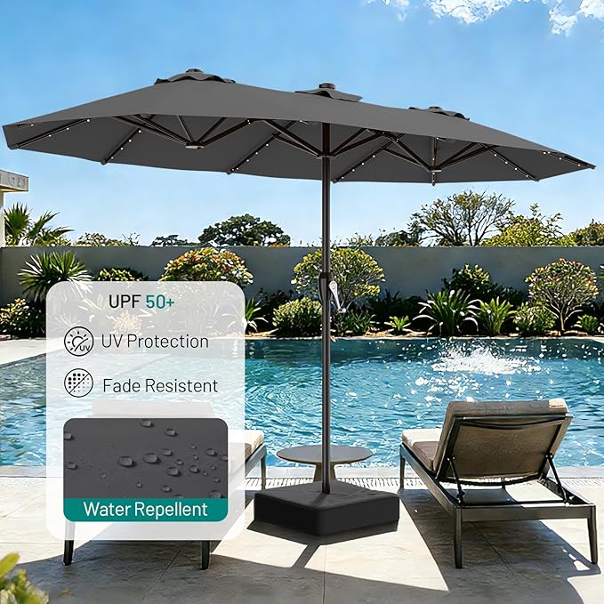 AreShark 15FT Patio Umbrella with Solar Lights, Double Sided Outdoor Table Umbrellas with Crank, Large Rectangular Market Umbrella for Porch, Lawn, Pool, Backyard, Gray