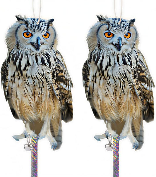 Fake Owl to Scare Pigeons Woodpecker, 2Pcs Flat Garden Owls to Keep Pigeons Squirrels Away from Outdoor, Plastic Owl to Scare Woodpecker from House, Hanging Owls with Reflective Tape for Roof Patio
