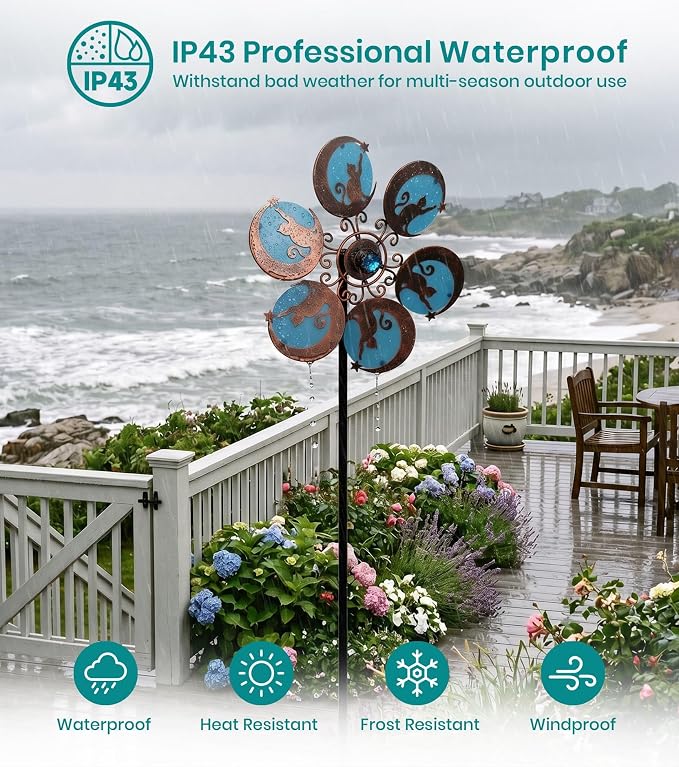 Wind Spinners Outdoor for Yard & Garden, Whimsical Cat Yard Spinner, Metal Wind Spinner with Reflective Acrylic Gem, Outdoor Decorations with Soft Nighttime for Lawn & Patio