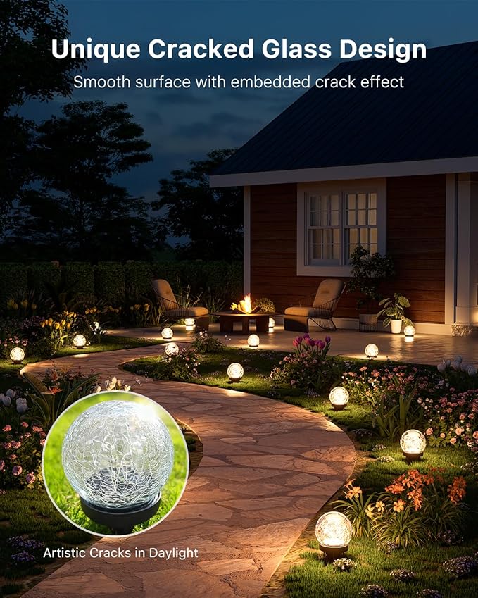 4 Pack Solar Powered Cracked Glass Globe LED Lights Outdoor Waterproof Decorative Table Ball Lamps for Outside Garden, Patio, Yard, Deck, Pathway, Backyard Decoration Easy to Install (Warm White)