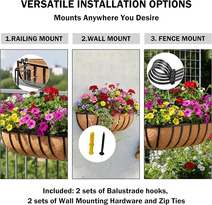 24“ Window Box Railing Planter with Coco Liner Metal Wall-Mounted Coconut Liner Planter Basket English Horse Trough Planters for Outdoor Deck Balcony Porch Fence Patio Black (2 Pack)