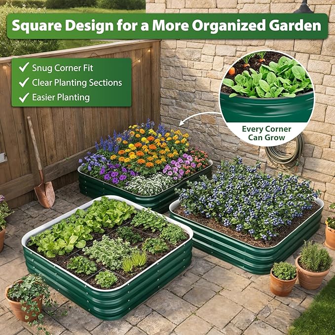 Galvanized Raised Garden Bed for Gardening, 4x4x1ft Large Square Metal Planter Boxes Outdoor for Vegetable,Flower,Herb,Modular Above Ground Growing Container,Green,Easy Assembly