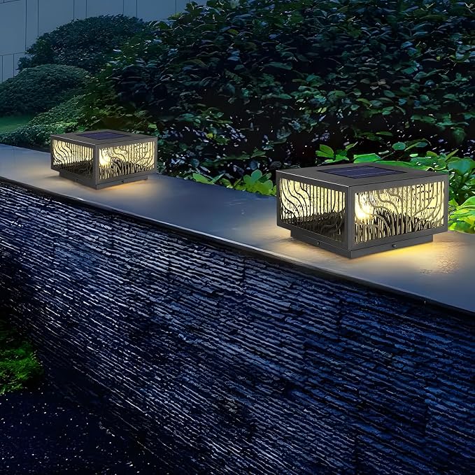 Solar Pillar Light Outdoor,Dusk to Dawn Waterproof Solar Column Cap Lights,Modern Square LED 2700K outdoor column light for Garden Patio Porch Decoration with E26 Bulb,Remote Control (W11.8*H6.3)