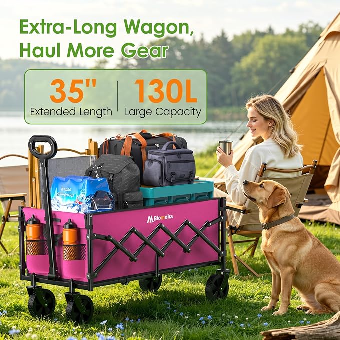 35'' Extra Long Collapsible Wagon with Wheels, 220 LBS Folding Wagon with 360° Swivel Wheels Adjustable Handle, Lightweight Portable Utility Cart for Grocery, Shopping, Garden, Sports, Camping, Pink
