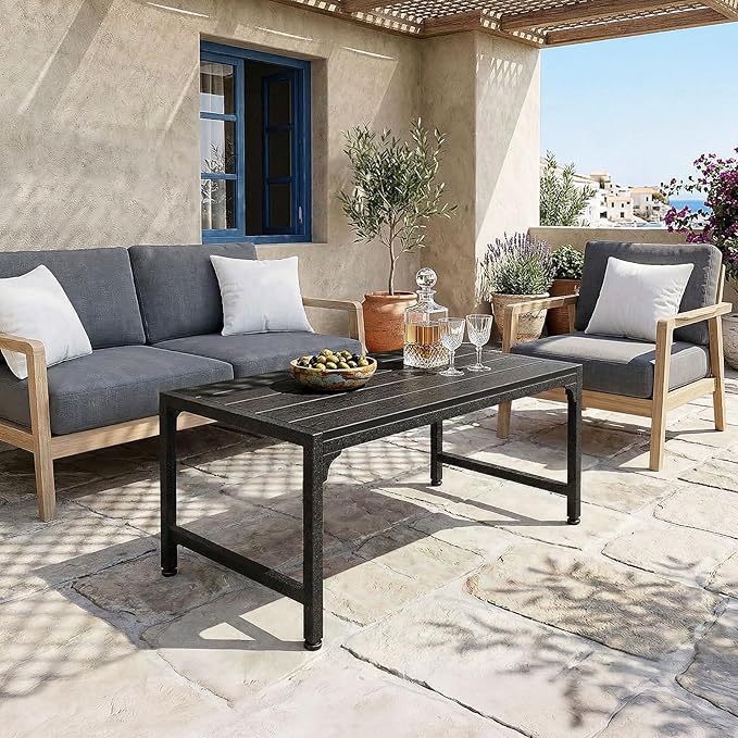 ODK Outdoor Coffee Table, Rectangle Weather-Resistant Patio Coffee Table for Garden, Balcony, Hot Tub, Poolside, Heavy-Duty Metal Frame, Black