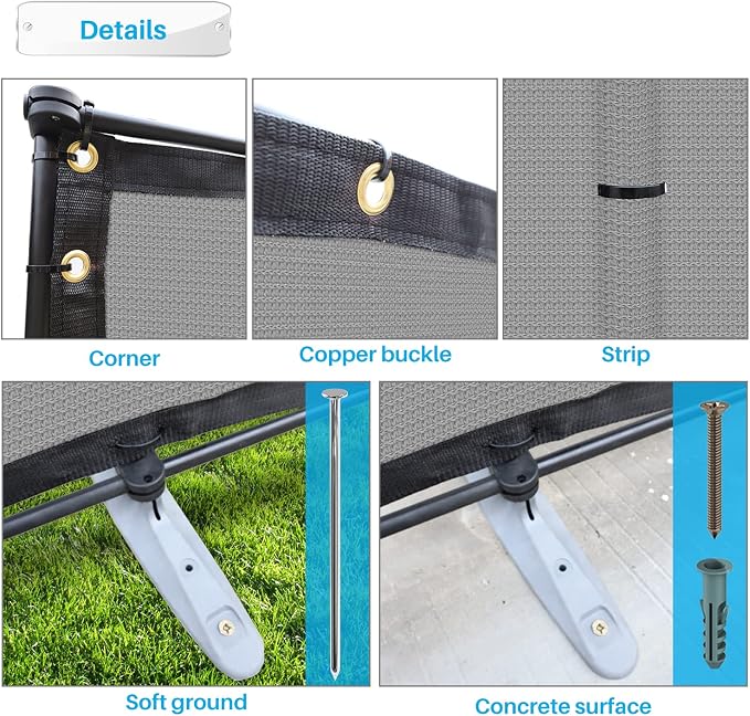 Patio 5' x 68' Outdoor Privacy Screen Freestanding Temporary Fence Panels Net Cover with Metal Poles for Outside Backyard Pool Garden Air Conditioner Fencing, Light Gray