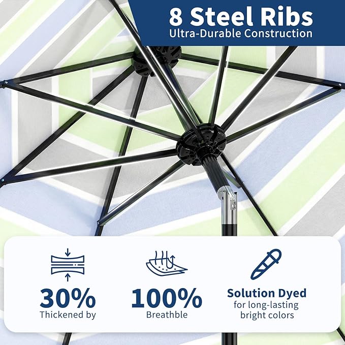 Garvee 10 ft Outdoor Patio Umbrella 8 Sturdy Ribs Outdoor Table Umbrella with Crank Lift & Push Button Tilt - UV Protection Waterproof Market Umbrellas for Pool, Deck, Yard, Garden, Tricolor Stripes