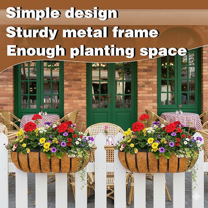 2 Pcs 24“ Railing Planter Window Box Deck Railing Planter Boxes with Coco Liner English Horse Trough Planters Metal Wall-Mounted Planters Basket for Outdoor Balcony Porch Fence Patio Rail