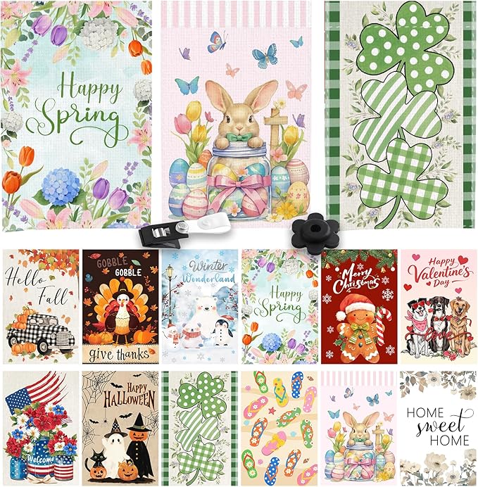 Seasonal Garden Flags Set of 12 Double Sided 12 x 18 Inch, Small Yard Flags for Outside, Christmas Halloween Easter Outdoor Decoration, Holiday Decorative Garden Flags Yard