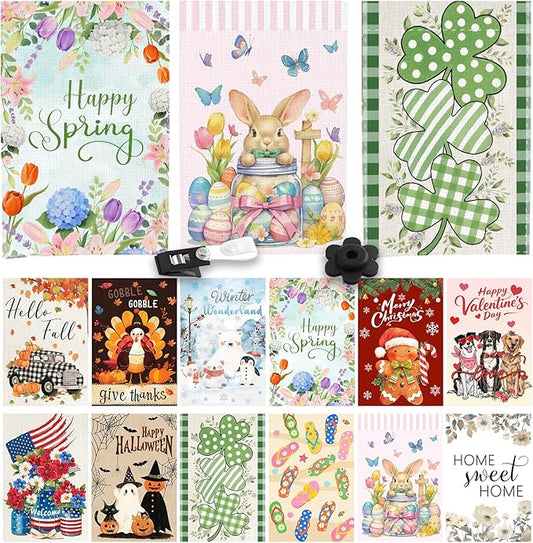 Seasonal Garden Flags Set of 12 Double Sided 12 x 18 Inch, Small Yard Flags for Outside, Christmas Halloween Easter Outdoor Decoration, Holiday Decorative Garden Flags Yard