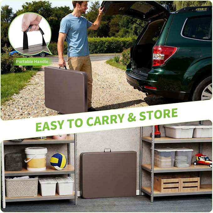 BestOffice 6 FT Picnic Table, Portable Plastic Folding Table with Carrying Handle Perfect for Picnics, Parties, Party and Camping, Brown