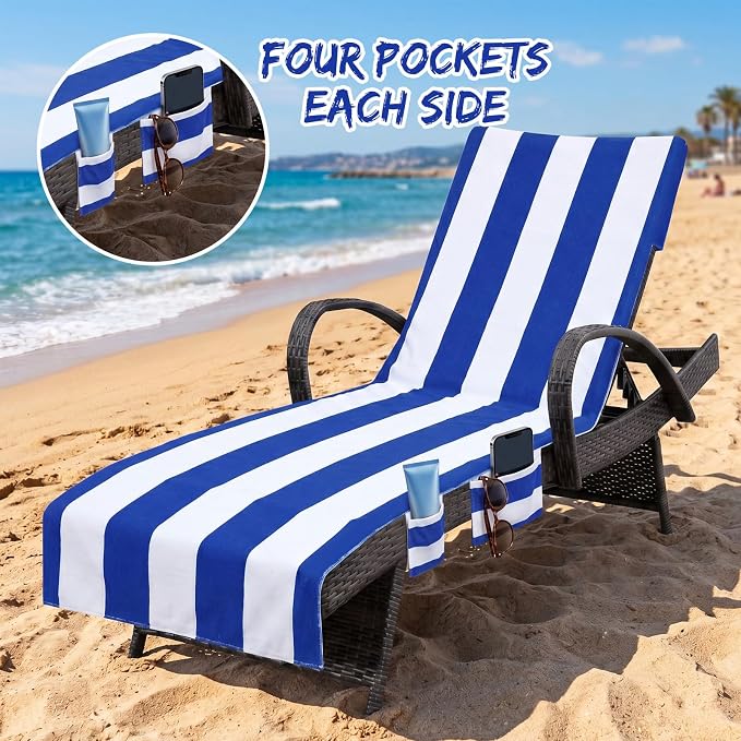 4 Pack Lounge Chair Towel Covers Striped Beach Chair Covers with Pockets Absorbent Microfiber Chaise Lounge Slipcover for Patio Pool Sun Lounger, 83 x 29.5 Inch