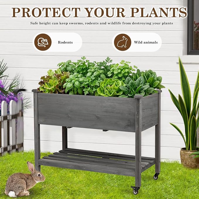 Raised Garden Bed with Lockable Wheels, 40x24x32 inch Elevated Wood Planter with Storage Shelf Protective Liner for Vegetable Flower Herb Outdoor Balcony Patio Backyard, Grey