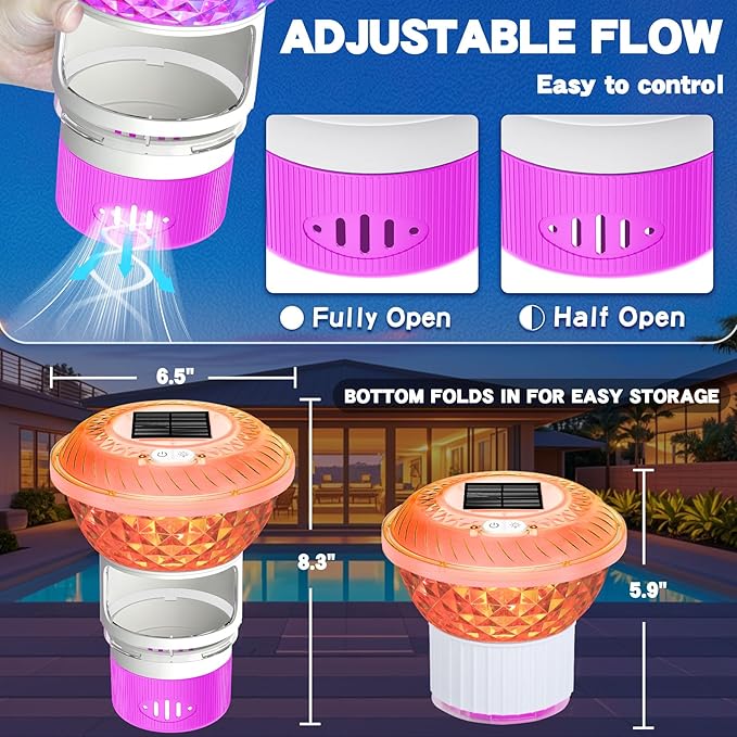 FineBud2025 Upgrade Solar Chlorine Floater, Pool Chlorine Floater with Colorful Light, Button Control Floating Chlorines Dispenser for Pool, Adjustable Flow chlorines floaters (Pink)