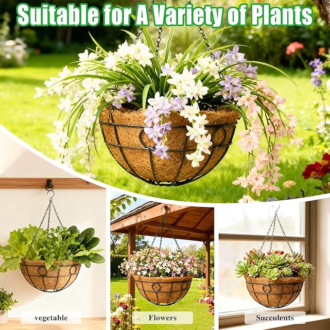 4 Pack 12 Inch Heavy Duty Hanging Basket Outdoor Metal Hanging Planters with Coco Coir Liners Black Hanging Flower Baskets for Outdoor Plants Patio Porch Balcony Garden（Round）