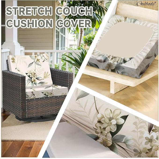 CALBODE 14 Pcs Stretch Outdoor Seat Cushion Covers, Washable Chair Seat Cover for Patio Furniture Cushions Soft Indoor and Outdoor Couch Cover Replacement (Beige Botanical, Cover Only)