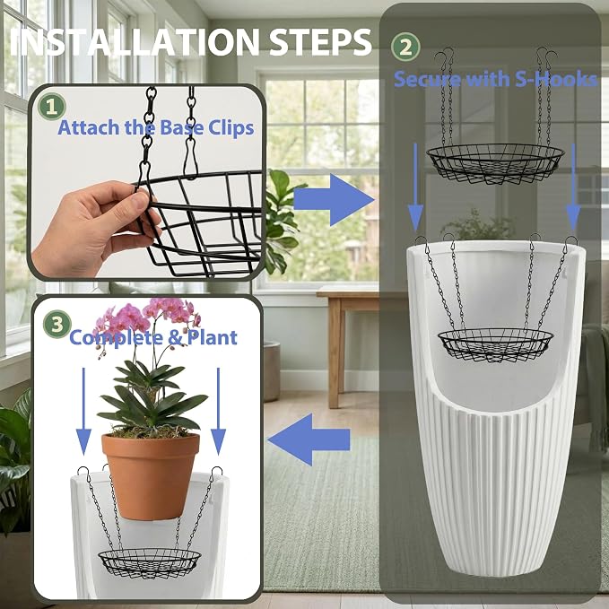 Adjustable Plant Risers for Large Tall Pots, 12-18" Planter Insert, False Bottom Pot Filler with 4 Hooks & Chains, Holds 48 lbs Rustproof Soil Saver for Indoor Outdoor Planters (1Pack, Black)