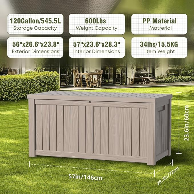 120 Gallon Outdoor Storage Box - Waterproof Resin Deck Box with Stainless Steel Rods - Lockable & UV Resistant Storage Bin for Patio Cushions & Garden Tools - Stylish Grey Design