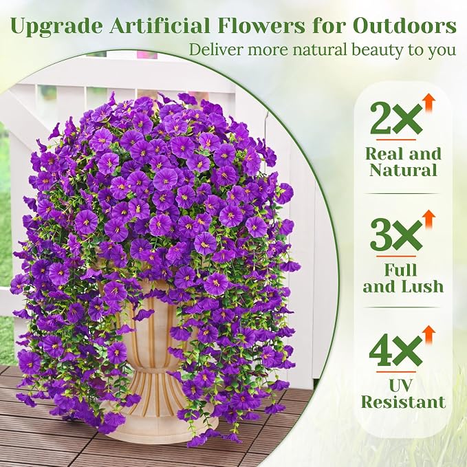 MARTINE MALL 8 Pcs Look Real Artificial Flowers for Outdoors, Realistic Artificial Hanging Flowers for Outdoors, UV Resistant Fake Hanging Plants Silk Petunia Faux Flowers for Porch Patio, Purple