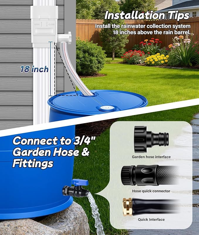 2026 Upgraded Rain Barrel Diverter Kit, Rainwater Collection System with Built-in Filter Screen, Fits 2x3 or 3x4 inch Standard Downspout, Includes 3/4’’ GHT Rain Barrel Spigot, 39.37’’ Hose, White
