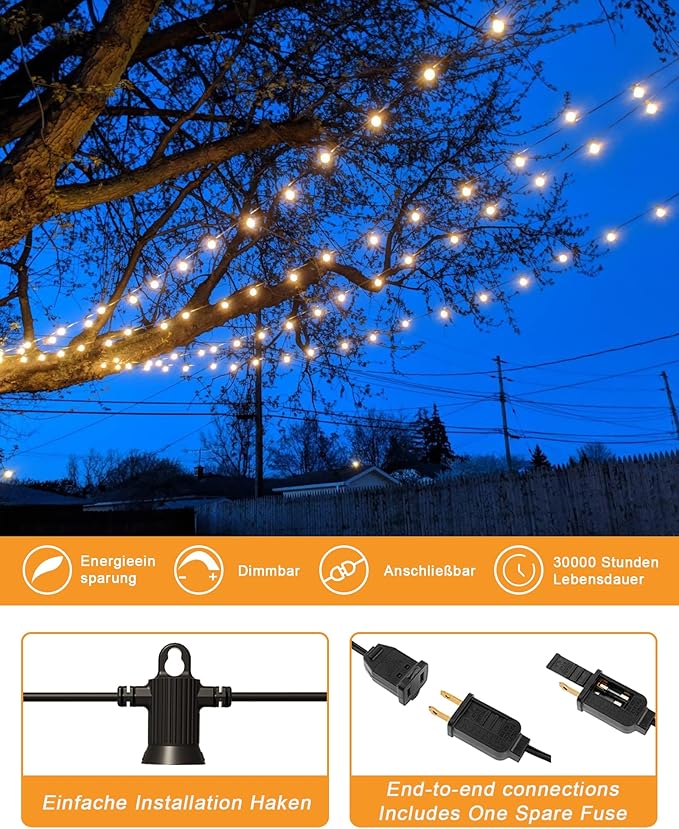 Zuske Outdoor String Lights Waterproof, 240FT Patio Lights with 124 Shatterproof G40 Globe Bulb(4 Spare), Connectable Dimmable Hanging LED String Lights for Outside Backyard Porch Balcony(120FTx2)