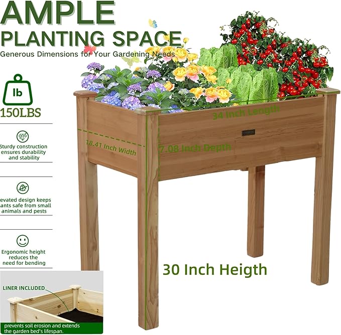 Wooden Raised Garden Bed with Legs, Elevated Reinforced Planter Box with Bed Liner for Backyard/Patio/Gardener, 34x18x30in, 150lb Capacity, Acorn Brown