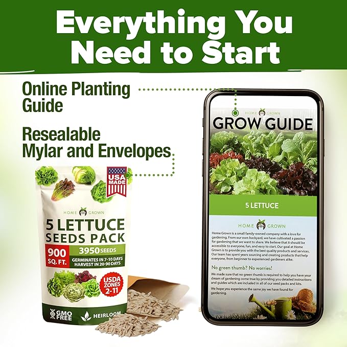 HOME GROWN Lettuce Seeds 5 Variety Mix 3950+ Bulk Pack Heirloom Non-GMO, High Germination, Romaine, Bibb, Buttercrunch, Iceberg, Black Seeded Simpson, Indoor Outdoor Hydroponic Garden (Lactuca sativa)