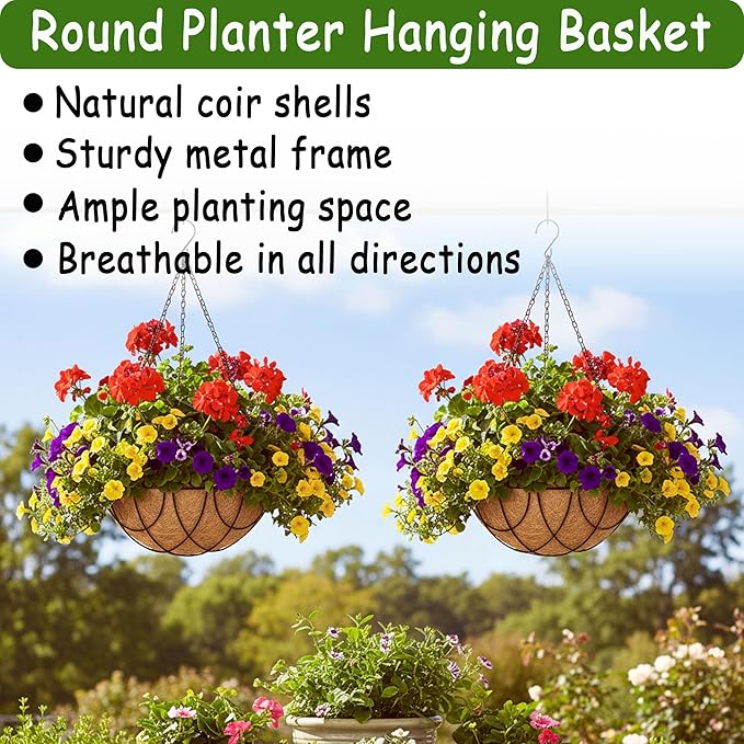 4pcs 14 inch Metal Hanging Baskets Round Wire Plant Stand with Coco Lining Cushion Decorative Planter Hanger Garden Indoor Outdoor Watering Hanging Basket （DQ）