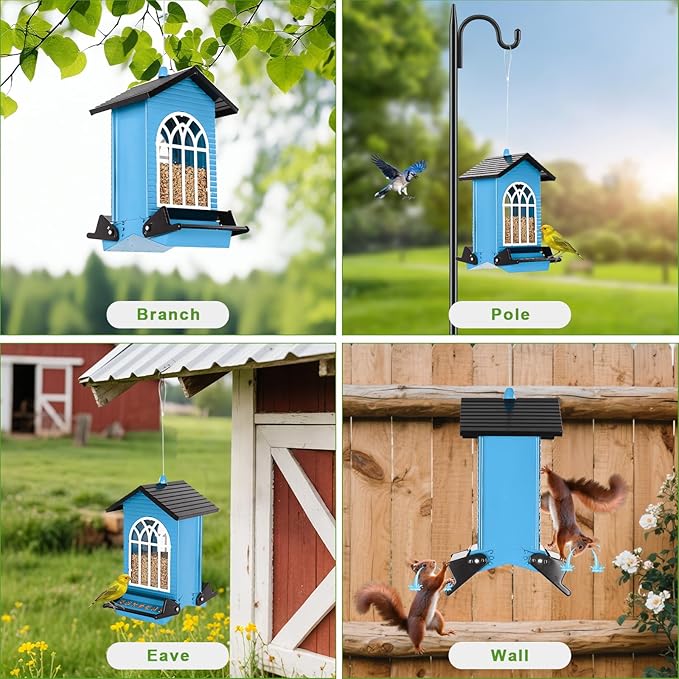 Gbekery Squirrel Proof Bird Feeder for Outdoors,5LB Large Capacity,Metal Wild Bird Seed Feeder with Bilateral Weight-Activated Perches for Outside Hanging,Garden Decoration,Blue