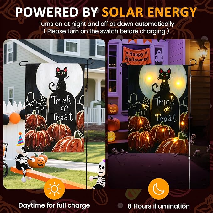 Solar Lighted Christmas Black Cat & Pumpkin Garden Flag Stake, Double-Sided Outdoor Yard Decor, LED Flag for Patio Lawn Thanksgiving Party Winter Holiday Decorations & Gifts