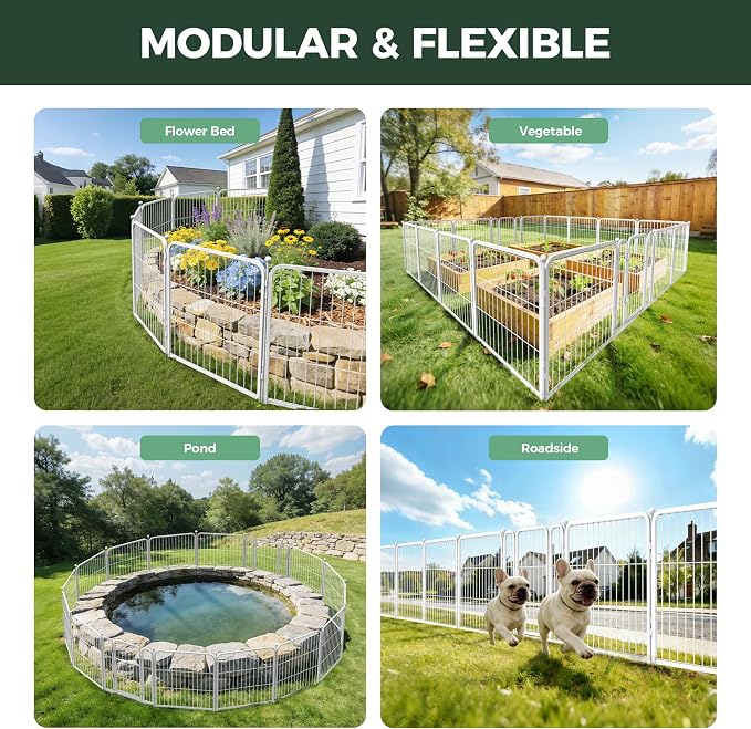 FXW Garden Fence Outdoor for the Yard – 24in(H) x 15.2ft(L) Heavy Duty Metal Animal Barrier for Dog, No Dig Decorative Dog Fence, 8 Panels, White