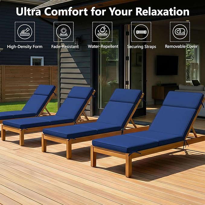 72 x 21 Inch Outdoor Chaise Lounge Cushions Set of 4 - Removable Cover, 4-Section Design, Water-Repellent & Fade-Resistant, 6 Tie Straps, Replacement for Patio & Pool Chairs - Navy