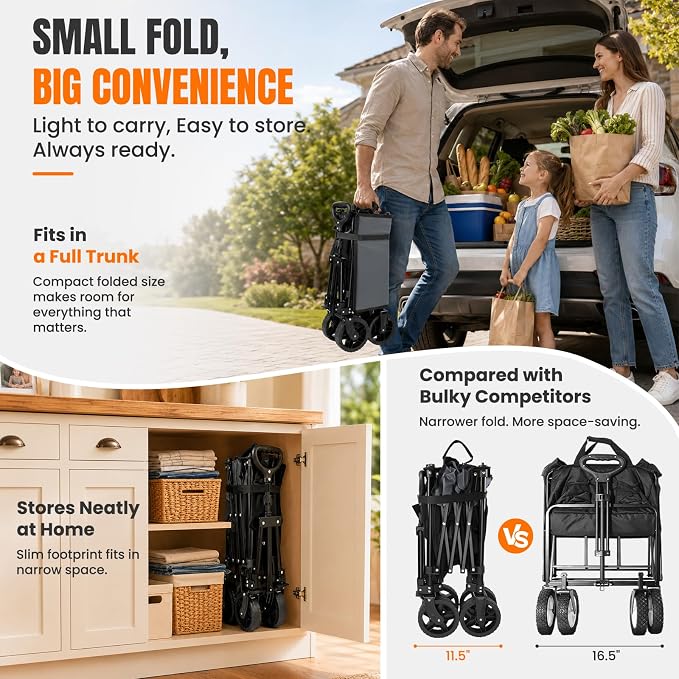 Navatiee 165L Collapsible Folding Wagon, Large Foldable Wagon with Silent All-Terrain Wheels, 330Lbs Heavy Duty Utility Grocery Cart for Camping Shopping Outdoor, Black