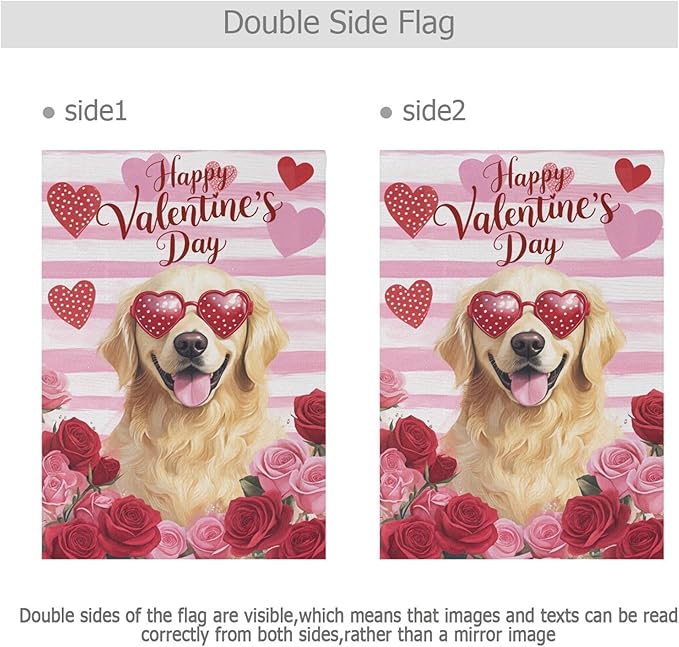 Happy Valentine’s Day Pink House Flag 28x40 Inch Double Sided Outside Love Dogs Golden Retriever Flowers Yard Outdoor Flag Banner for Garden Lawn Patio Holiday Decorations