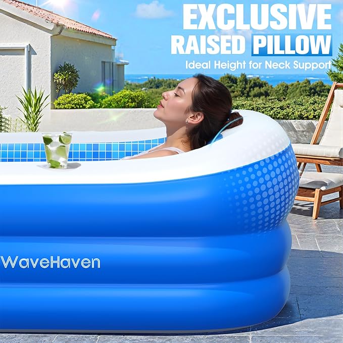 2026 Inflatable Pool with Canopy,Upgraded Blow Up Pool for Adults&Kids,Large Inflatable Pool with Seat and Big Backrest,Kiddie Pool with Shade,Kid Swimming Pool for Backyard 110"x63"x20"Blue