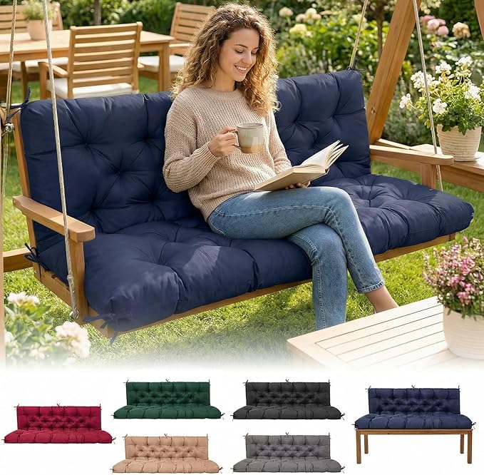 Porch Swing Cushions 60 Inch Waterproof,2 3-Seater Replacement for Outdoor Furniture with Backrest and Straps, Thick 4" Swing Seat Bench Cushion for Loveseat Glider Bench Patio Lawn Backyard