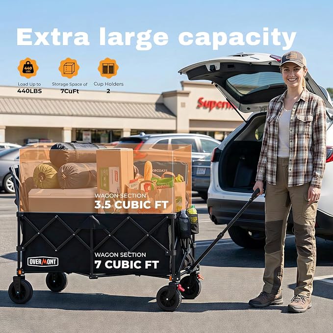 Overmont 46.6" L Extended Collapsible Wagon Cart - 440LBS Heavy Duty Foldable Beach Wagon with Big All-Terrain Wheels - Portable Folding Utility Wagon for Camping Sports Grocery Garden Shopping