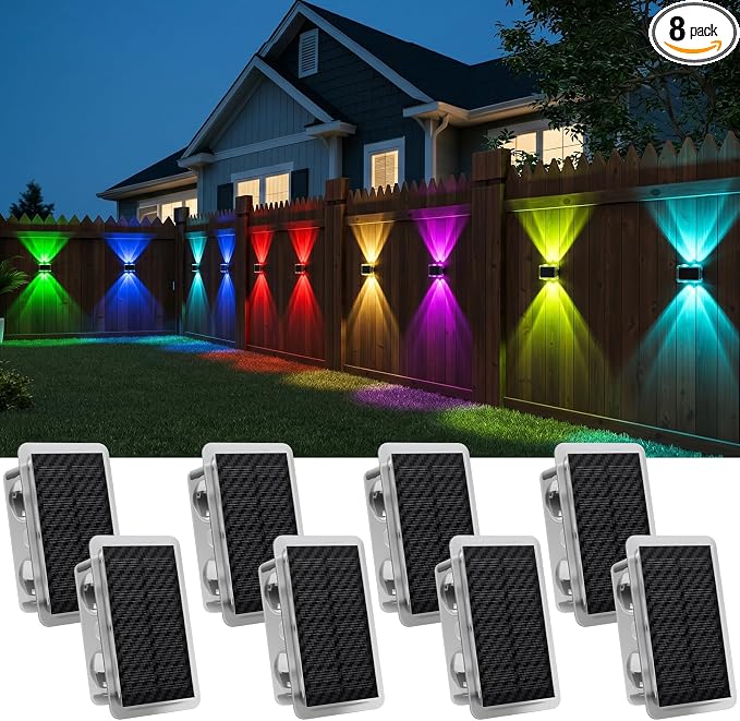 AUDLES Solar Fence Lights Outdoor, New Up Down Lighting Fence Lights Solar Powered with 8 Modes Warm White/RGB, IP65 Waterproof Solar Wall Light for Backyard Wall Pathway Deck Patio Decor - 8 Pack