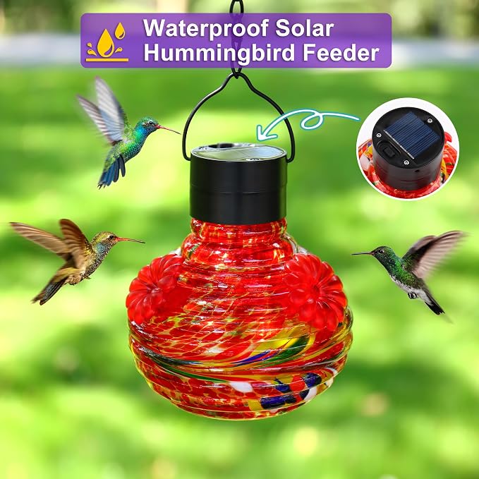 VOREEN Solar Hummingbird Feeder, Hand Blown Glass 17oz Hanging Feeder with LED Light, Waterproof & Rust-Proof Silicone Flower Ports, Decorative Garden Lantern for Outdoor Yard Patio (Multicolor)